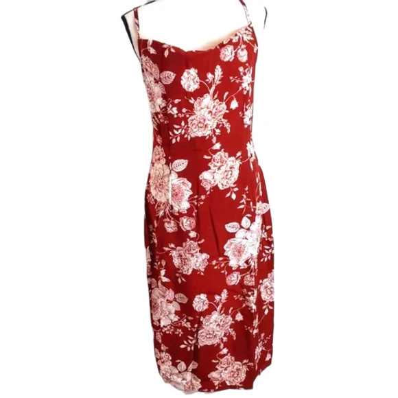 🆕 FLORAL Cowl Neck Burgundy Dress with Back Slit / Medium - Picture 2 of 8
